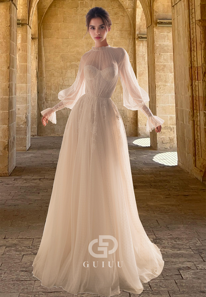 High Neck Long Sleeves Lace Appliques Corset Tulle A-Line Boho Wedding Dress
