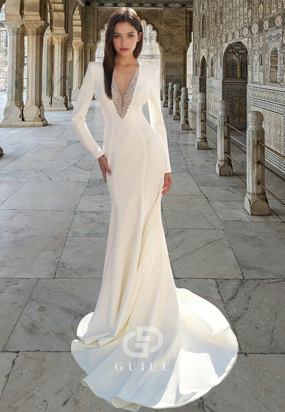 Elegant V-Neck Long Sleeves Sequins Sleek Mermaid Wedding Dress