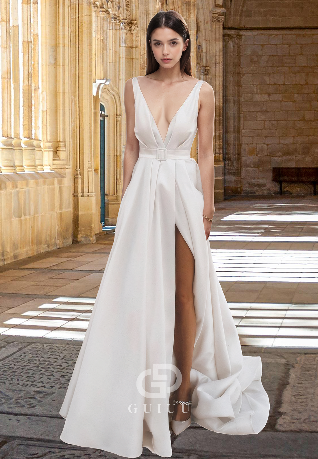 Spaghetti Straps A-Line V-Neck Pleated Side Slit Backless Satin Wedding Dress
