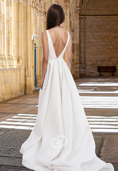 Spaghetti Straps A-Line V-Neck Pleated Side Slit Backless Satin Wedding Dress