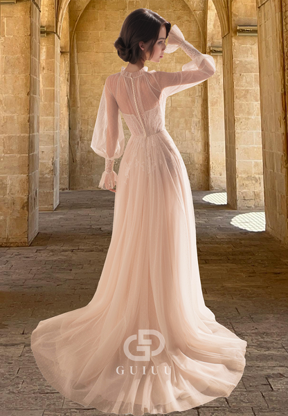 High Neck Long Sleeves Lace Appliques Corset Tulle A-Line Boho Wedding Dress