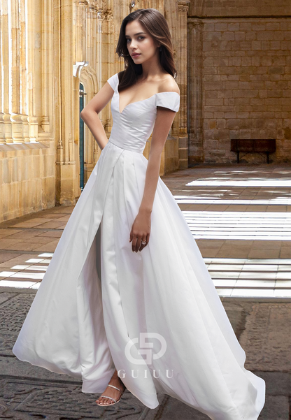 Sweetheart Cap Sleeves Side Slit Pleated A-Line Satin Wedding Dress