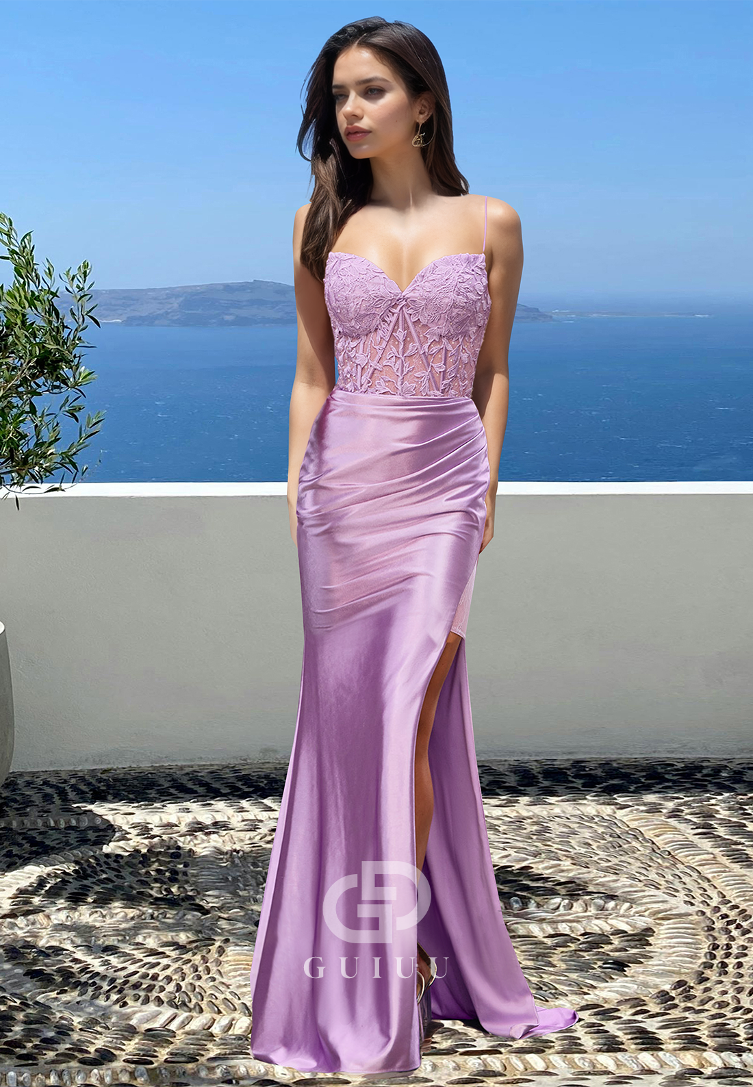 Lilac Sheath Strapless Sleeveless Prom Dress with Slit Ruched Corset Evening Party Dress