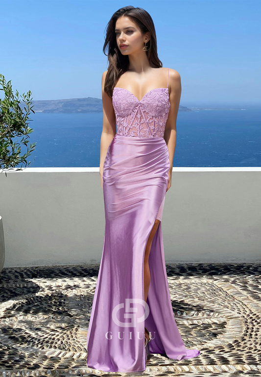Lilac Sheath Strapless Sleeveless Prom Dress with Slit Ruched Corset Evening Party Dress
