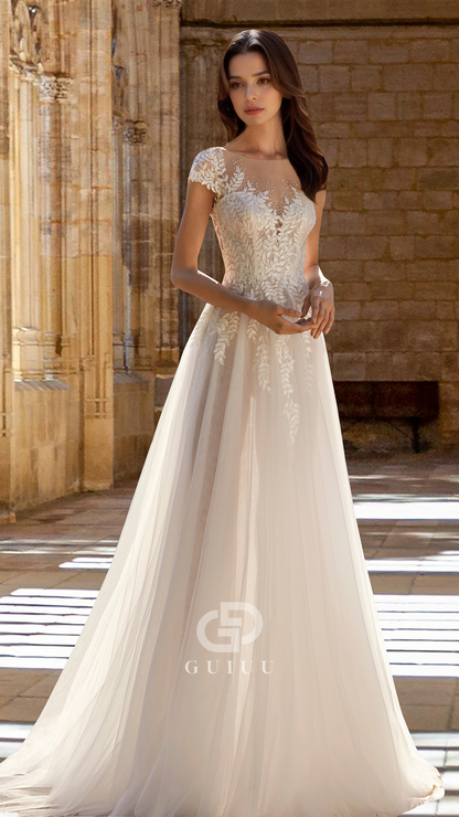 Scoop Sleeves Floral Appliquess Tulle Empire-Waist Lace Wedding Dress