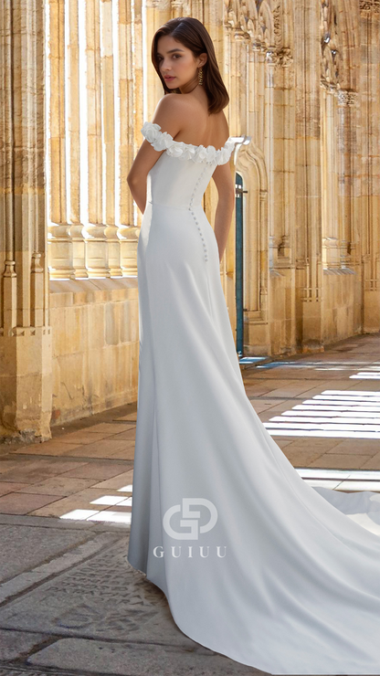 Off-Shoulder Sleeveless Floral Embellished Ruched Sheath Slit Satin Wedding Dress