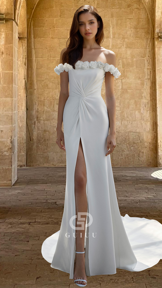 Off-Shoulder Sleeveless Floral Embellished Ruched Sheath Slit Satin Wedding Dress