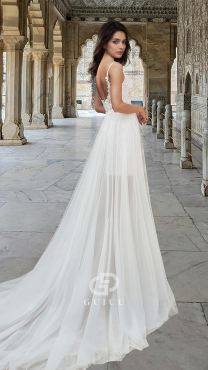 V-Neck Spaghetti Straps Appliques Corset Tulle Short Beach Wedding Dress