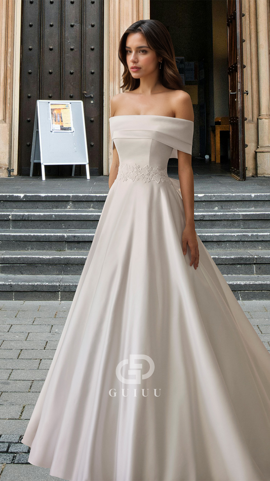 Elegant A-Line Off-Shoulder Sleeveless Bowknot Court Train Satin Wedding Dress