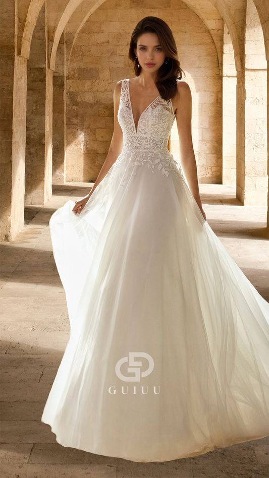 A-Line V-Neck Sleeveless Lace Appliques Tulle Ball Gown Lace Wedding Dress