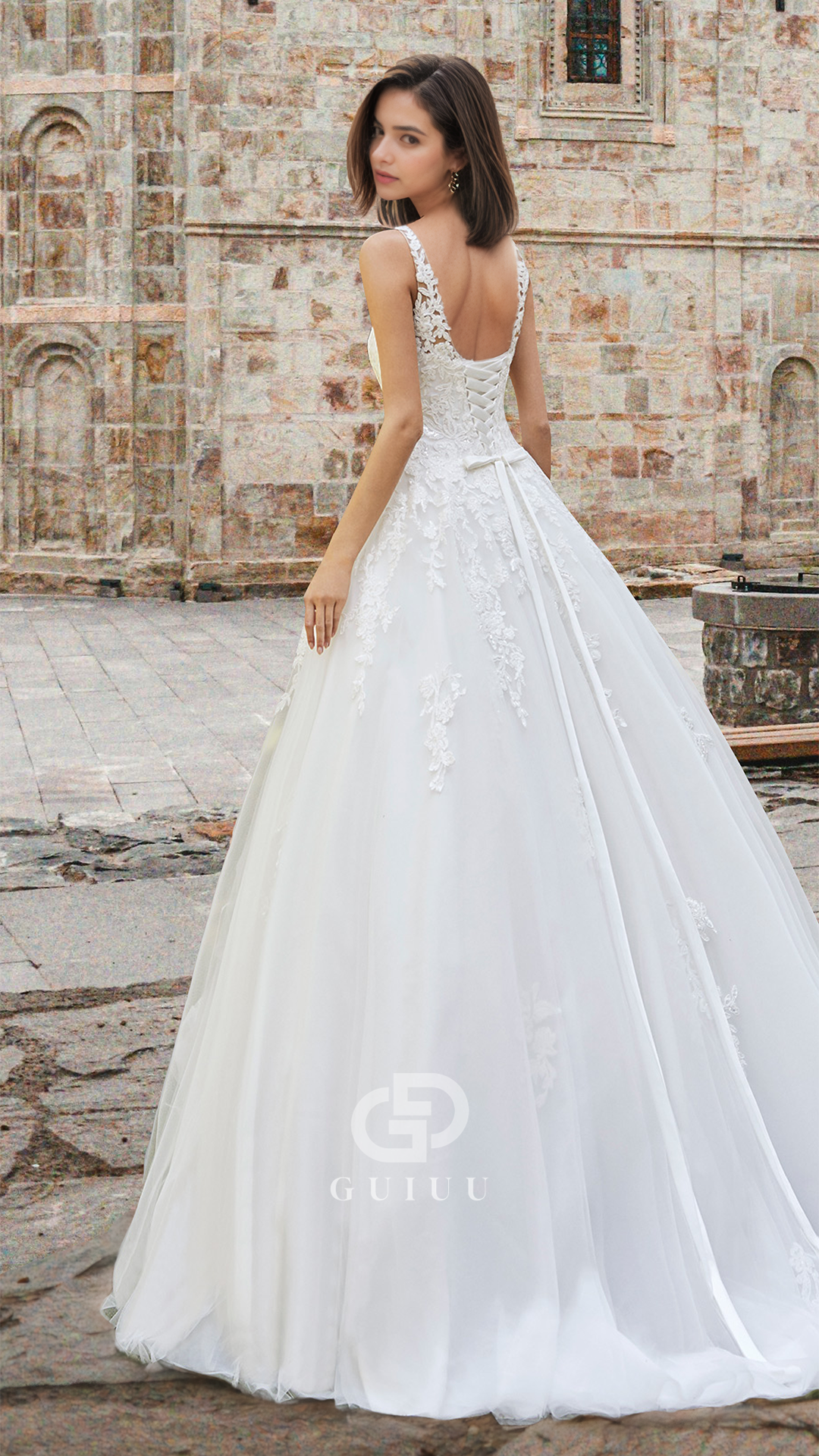 A-Line Spaghetti Straps V-Neck Floral Appliques Corset Lace Wedding Dress