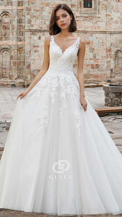 A-Line Spaghetti Straps V-Neck Floral Appliques Corset Lace Wedding Dress