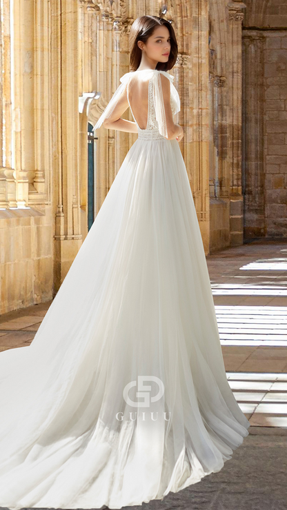 V-Neck Spaghetti Straps Lace Appliques Pleated Romantic Wedding Dress