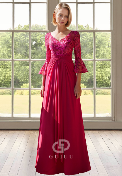 A-Line V-Neck Long Sleeves Floral Appliques Pleated Chiffon Mother of Bride Dress