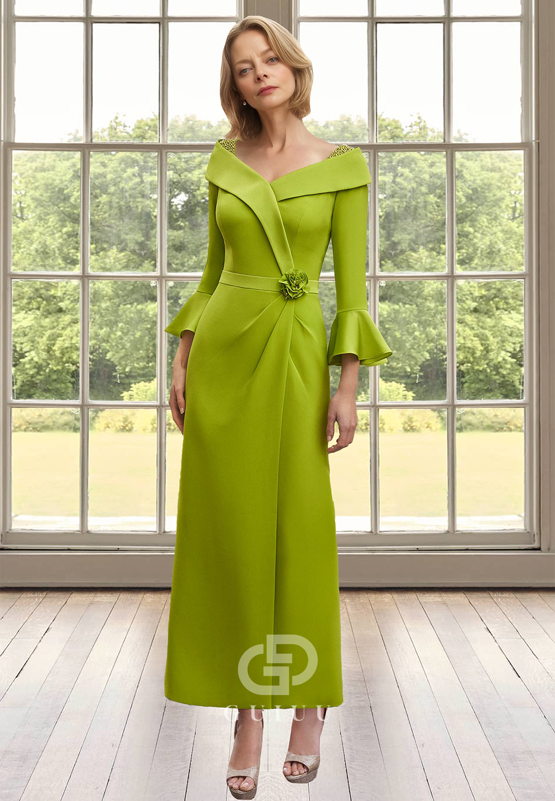 Sheath Long Sleeves V-Neck Empire-Waist Ruched Ankle-Length Satin Mother of the Bride Dress