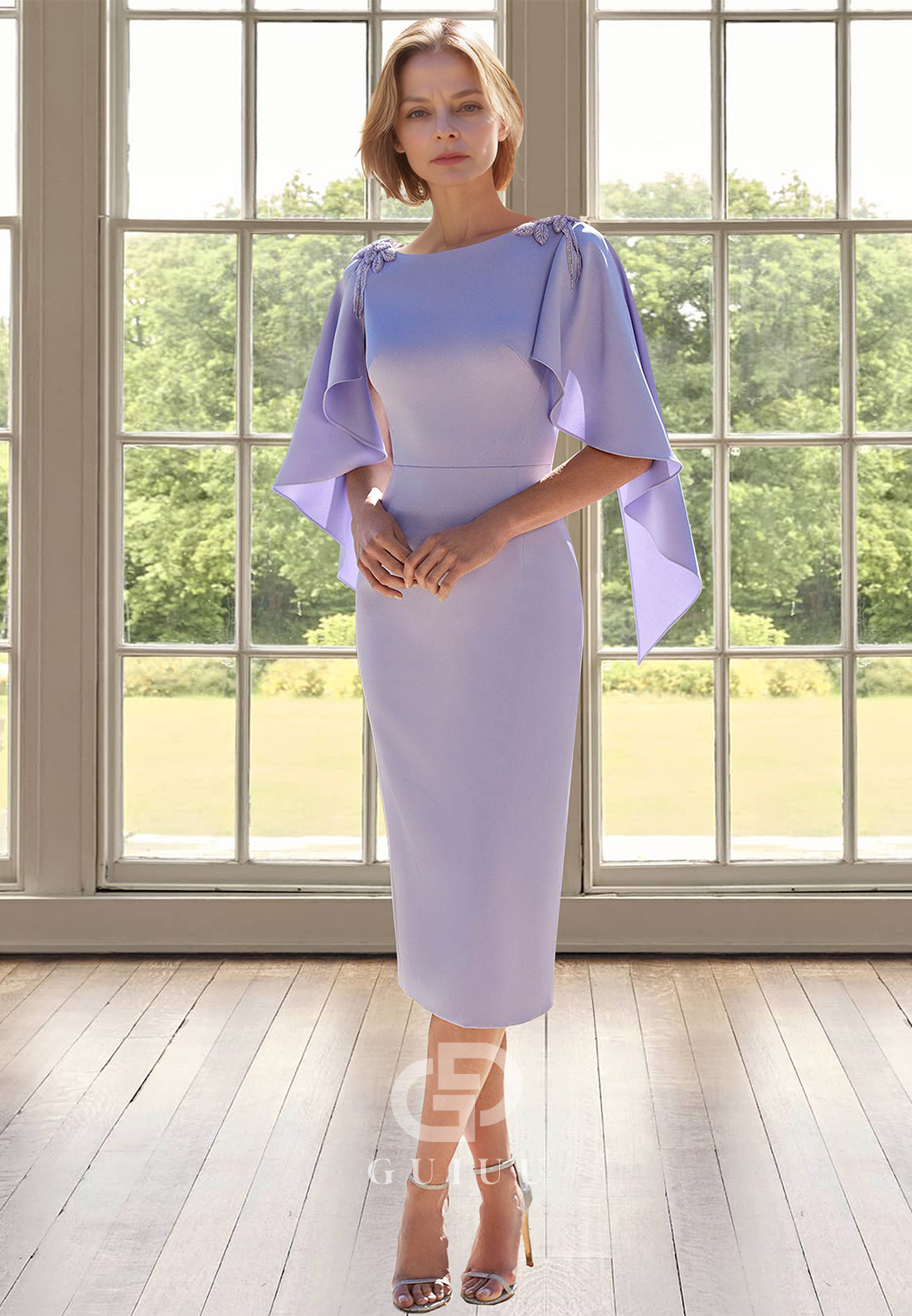 Simple Scoop Cap Sleeves Empire-Waist Satin Mother of the Bride Dress