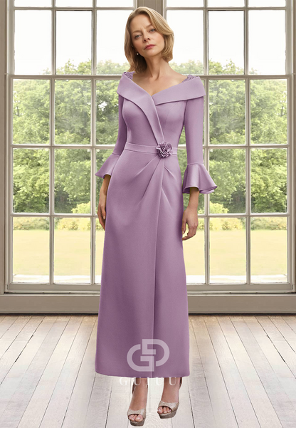 Sheath Long Sleeves V-Neck Empire-Waist Ruched Ankle-Length Satin Mother of the Bride Dress