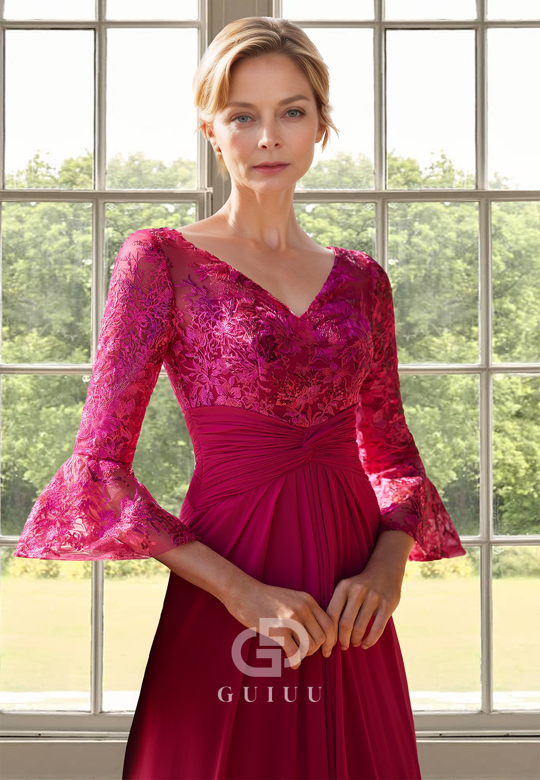 A-Line V-Neck Long Sleeves Floral Appliques Pleated Chiffon Mother of Bride Dress