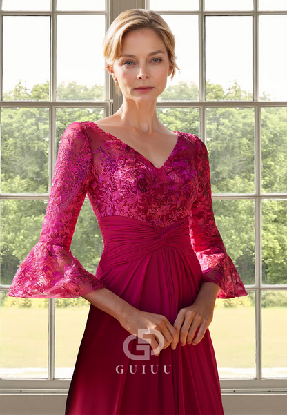 A-Line V-Neck Long Sleeves Floral Appliques Pleated Chiffon Mother of Bride Dress