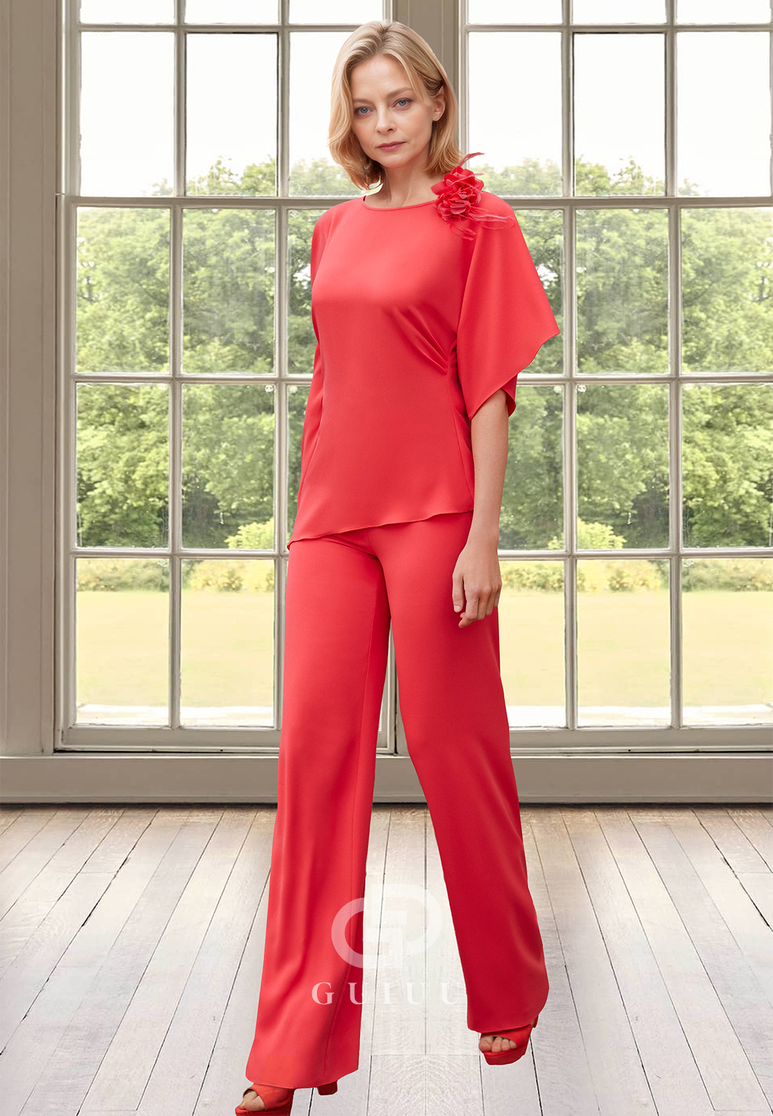 Red Scoop Short Sleeves Jumpsuit Chiffon Mother of the Bride Dress