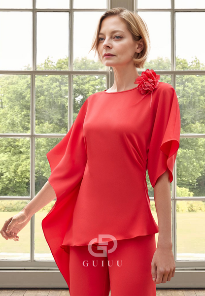 Red Scoop Short Sleeves Jumpsuit Chiffon Mother of the Bride Dress