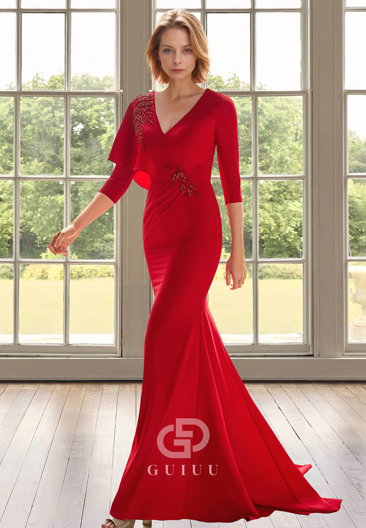 Red V-Neck Half Sleeves Appliques Chiffon Floor-Length Mother of the Bride Dress