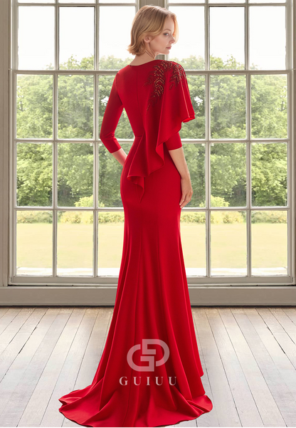 Red V-Neck Half Sleeves Appliques Chiffon Floor-Length Mother of the Bride Dress