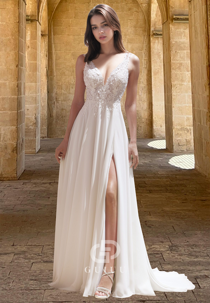 Elegant Spaghetti Straps V-Neck Side Slit Sweep Train Appliques Satin Wedding Dress