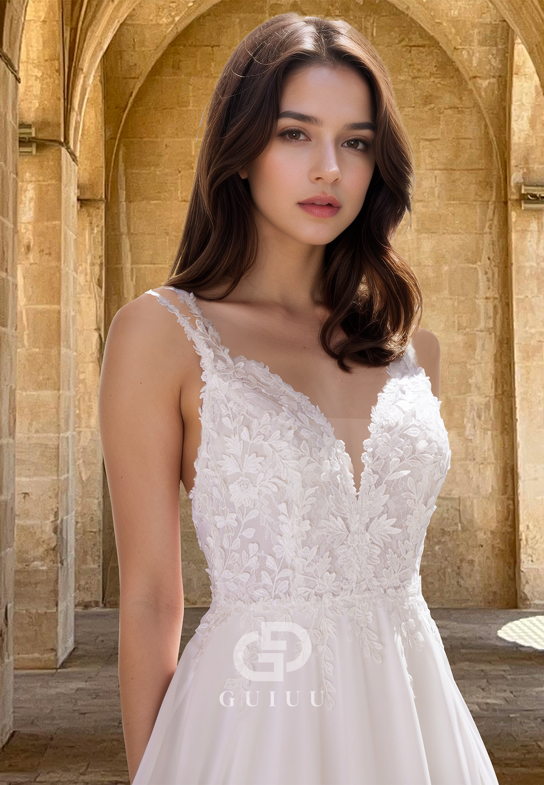 Elegant Spaghetti Straps V-Neck Side Slit Sweep Train Appliques Satin Wedding Dress