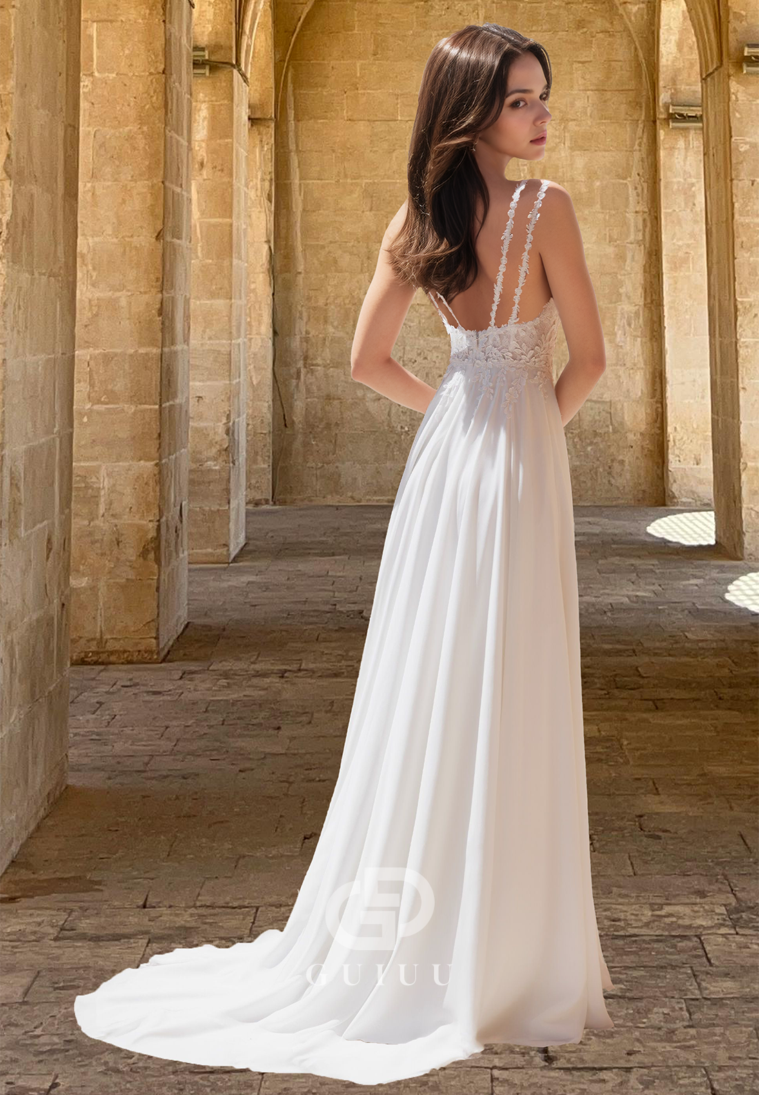 Elegant Spaghetti Straps V-Neck Side Slit Sweep Train Appliques Satin Wedding Dress