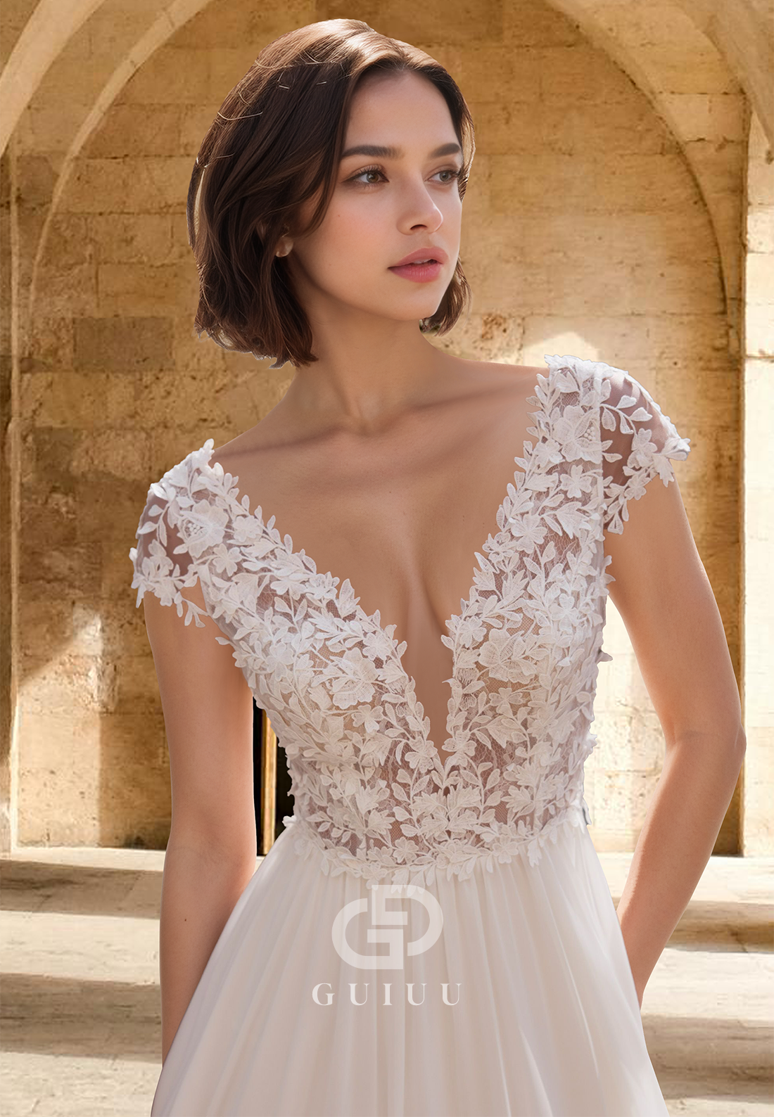 A-Line Short Sleeves V-Neck Illusion Corset Tulle Empire-Waist Satin Wedding Dress
