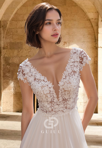 A-Line Short Sleeves V-Neck Illusion Corset Tulle Empire-Waist Satin Wedding Dress