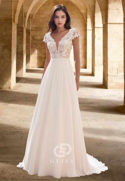 A-Line Short Sleeves V-Neck Illusion Corset Tulle Empire-Waist Satin Wedding Dress