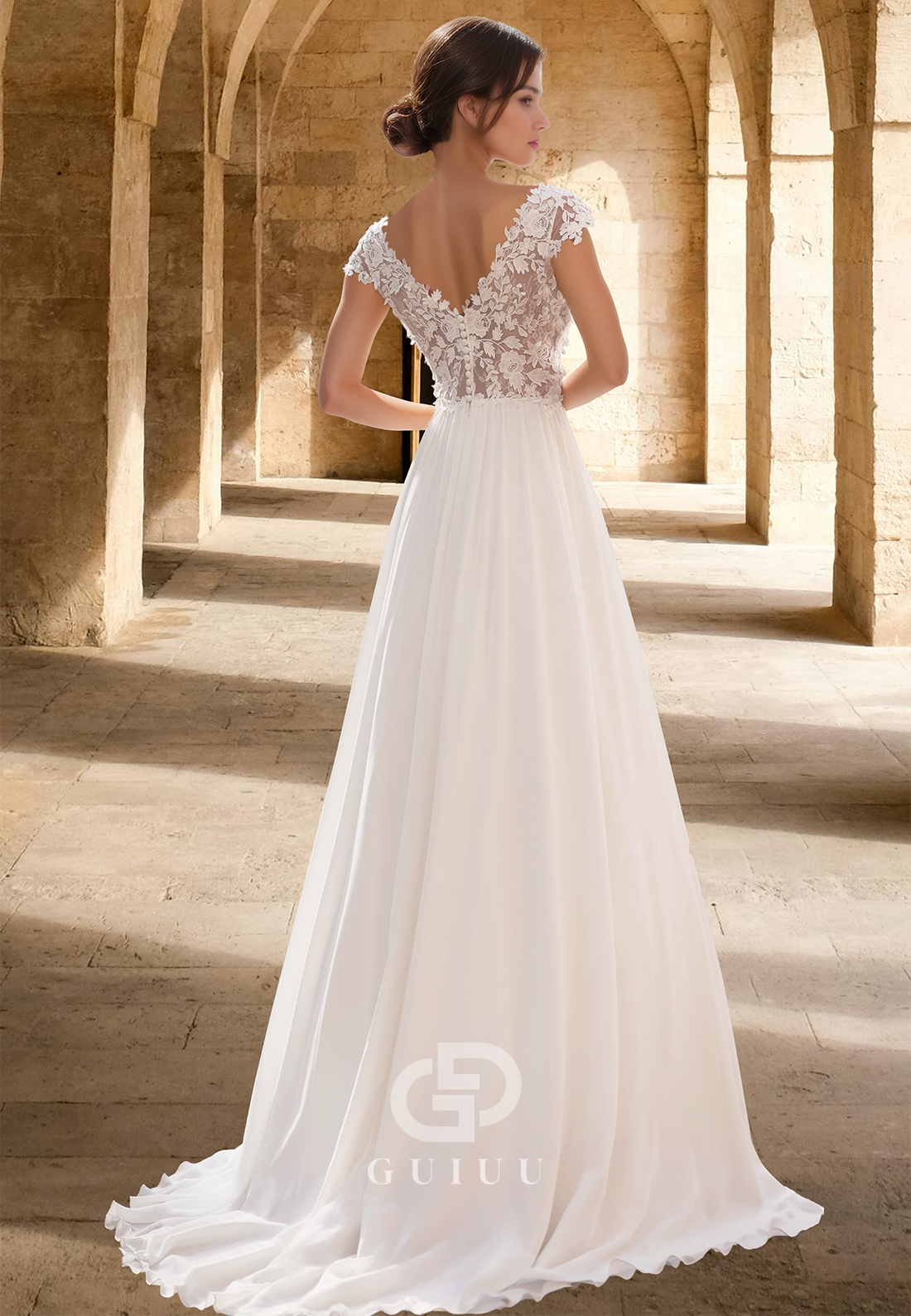 A-Line Short Sleeves V-Neck Illusion Corset Tulle Empire-Waist Satin Wedding Dress