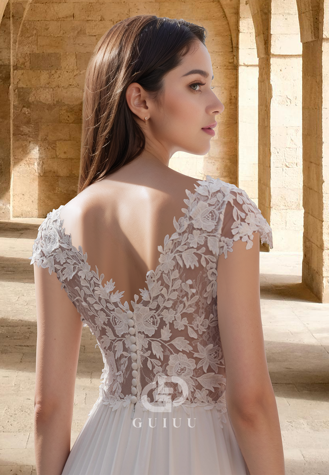 A-Line Short Sleeves V-Neck Illusion Corset Tulle Empire-Waist Satin Wedding Dress