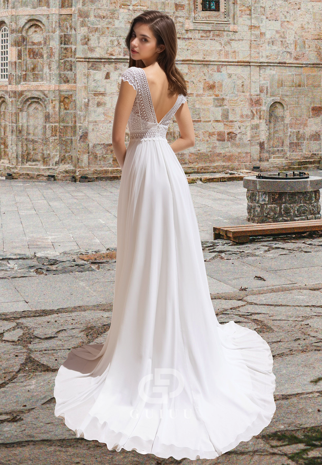 Simple A-Line Cap Sleeves V-Neck Empire-Waist Slit Backless Boho Wedding Dress