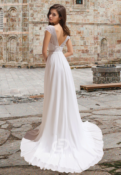 Simple A-Line Cap Sleeves V-Neck Empire-Waist Slit Backless Boho Wedding Dress
