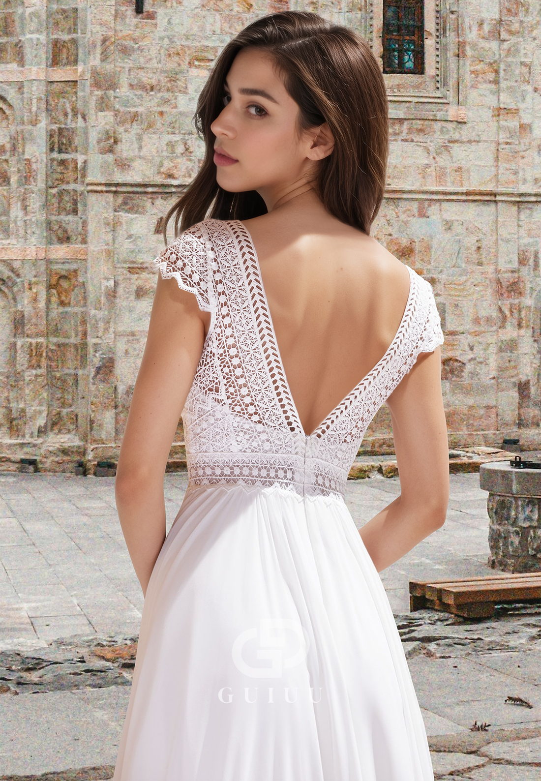 Simple A-Line Cap Sleeves V-Neck Empire-Waist Slit Backless Boho Wedding Dress