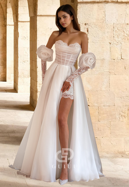 Charming A-Line Off-Shoulder Sweetheart Side Slit Corset Beach Wedding Dress