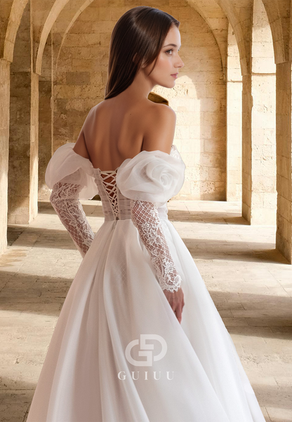 Charming A-Line Off-Shoulder Sweetheart Side Slit Corset Beach Wedding Dress