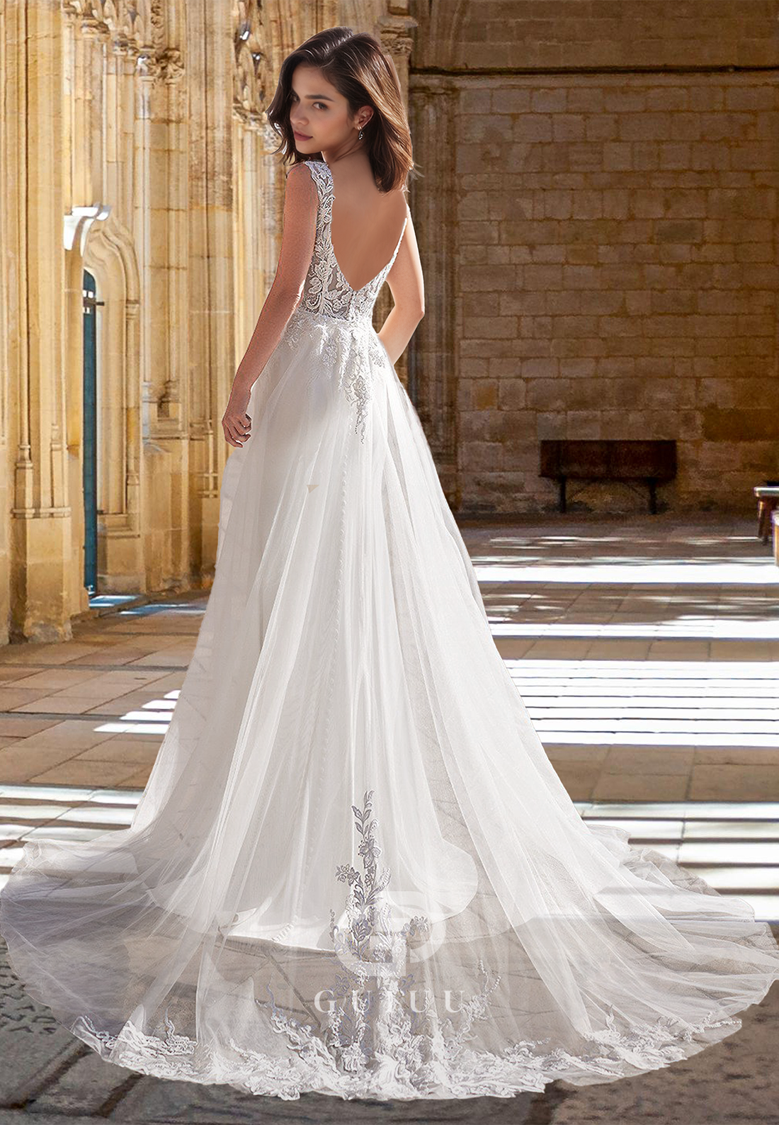 Spaghetti Straps V-Neck Corset Tulle Backless Empire-Waist Boho Wedding Dress