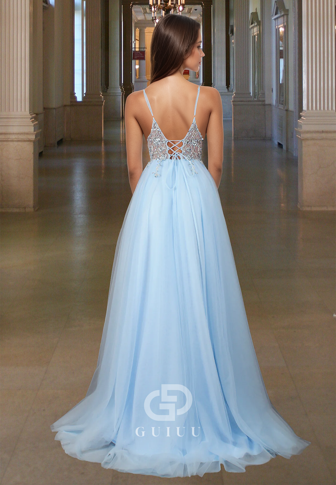 Charming A-Line Spaghetti Straps V-Neck Prom Dress with Slit Sequins Evening Party Dress