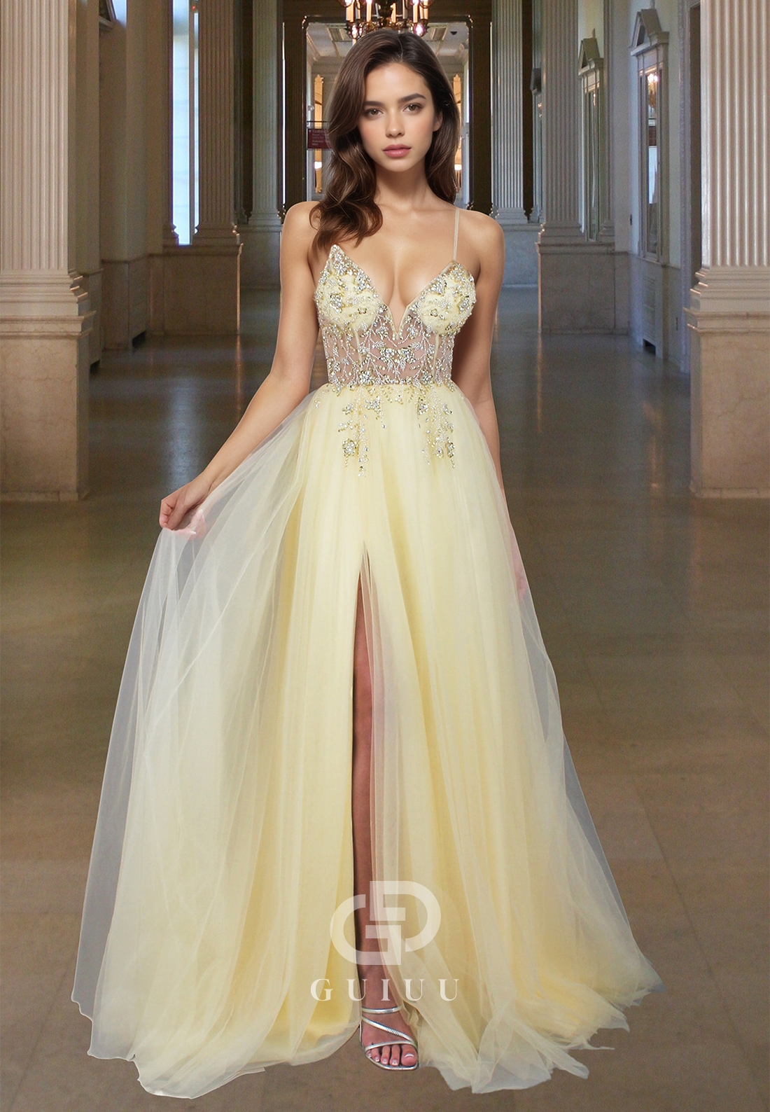 Charming A-Line Spaghetti Straps V-Neck Prom Dress with Slit Sequins Evening Party Dress