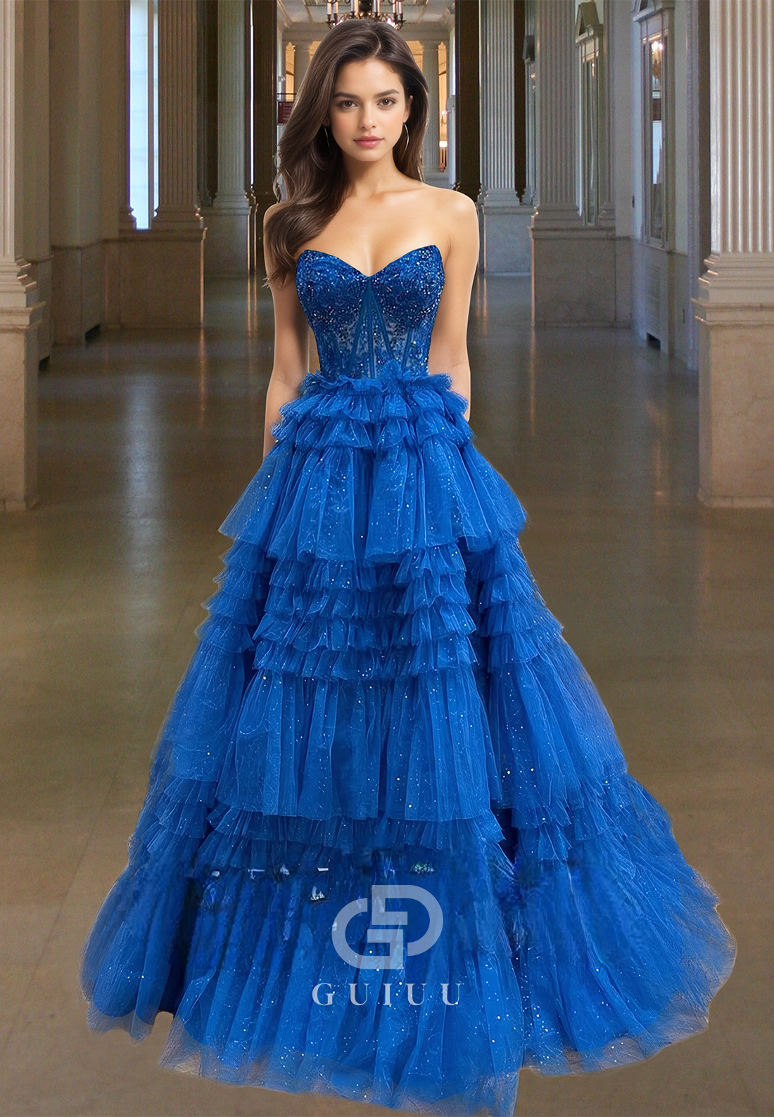Royal Blue Sleeveless Strapless Prom Dress with Ruffles Sequins Evening Party Dress