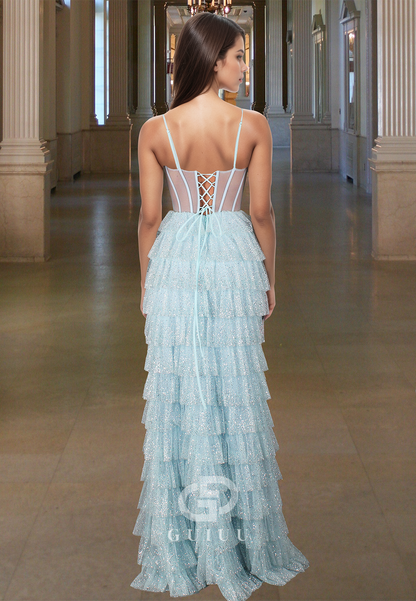 A-Line Sweetheart Spaghetti Straps Slit Pleated Tiered Prom Dress