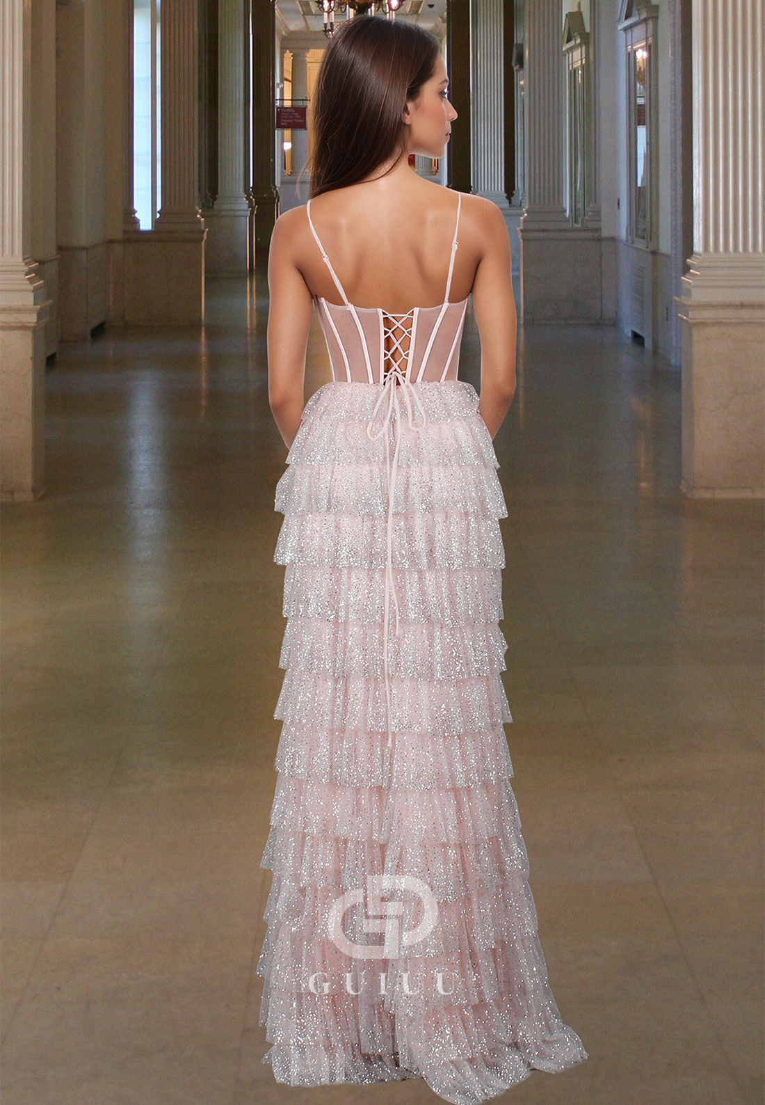 A-Line Sweetheart Spaghetti Straps Slit Pleated Tiered Prom Dress