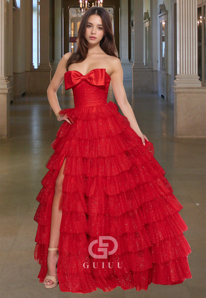 Charming A-Line Strapless Sleeveless Prom Dress with Slit Ruffles Evening Party Dress