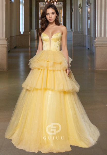 A-Line Sleeveless V-Neck Prom Dress with Ruffles Empire-Waist Evening Party Dress