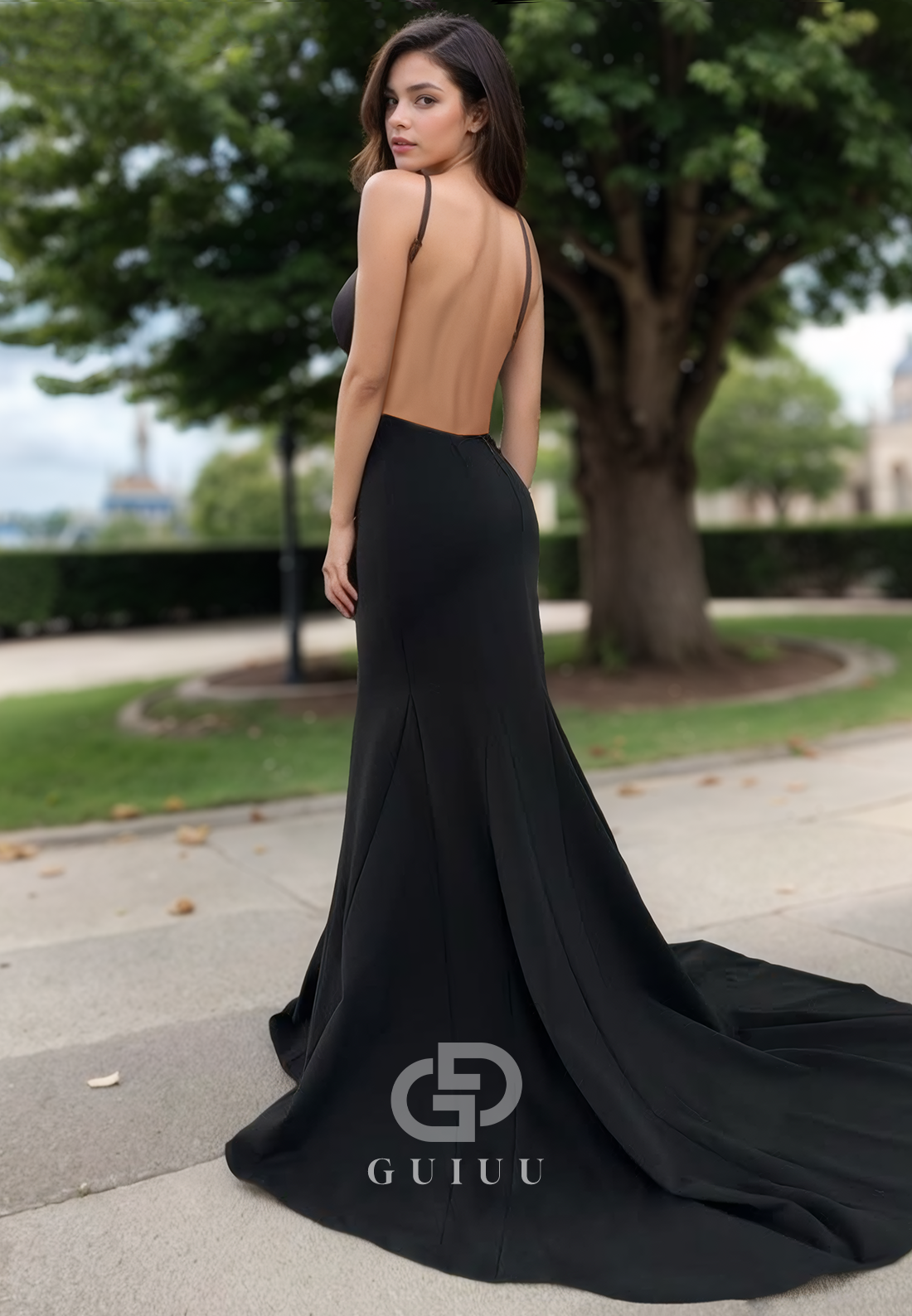 Spaghetti Straps Sweetheart Prom Dress with Train Backless Evening Party Dress