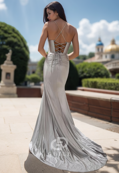 Sheath Spaghetti Straps Sweetheart Prom Dress with Slit Lace-Up Back Evening Party Dress